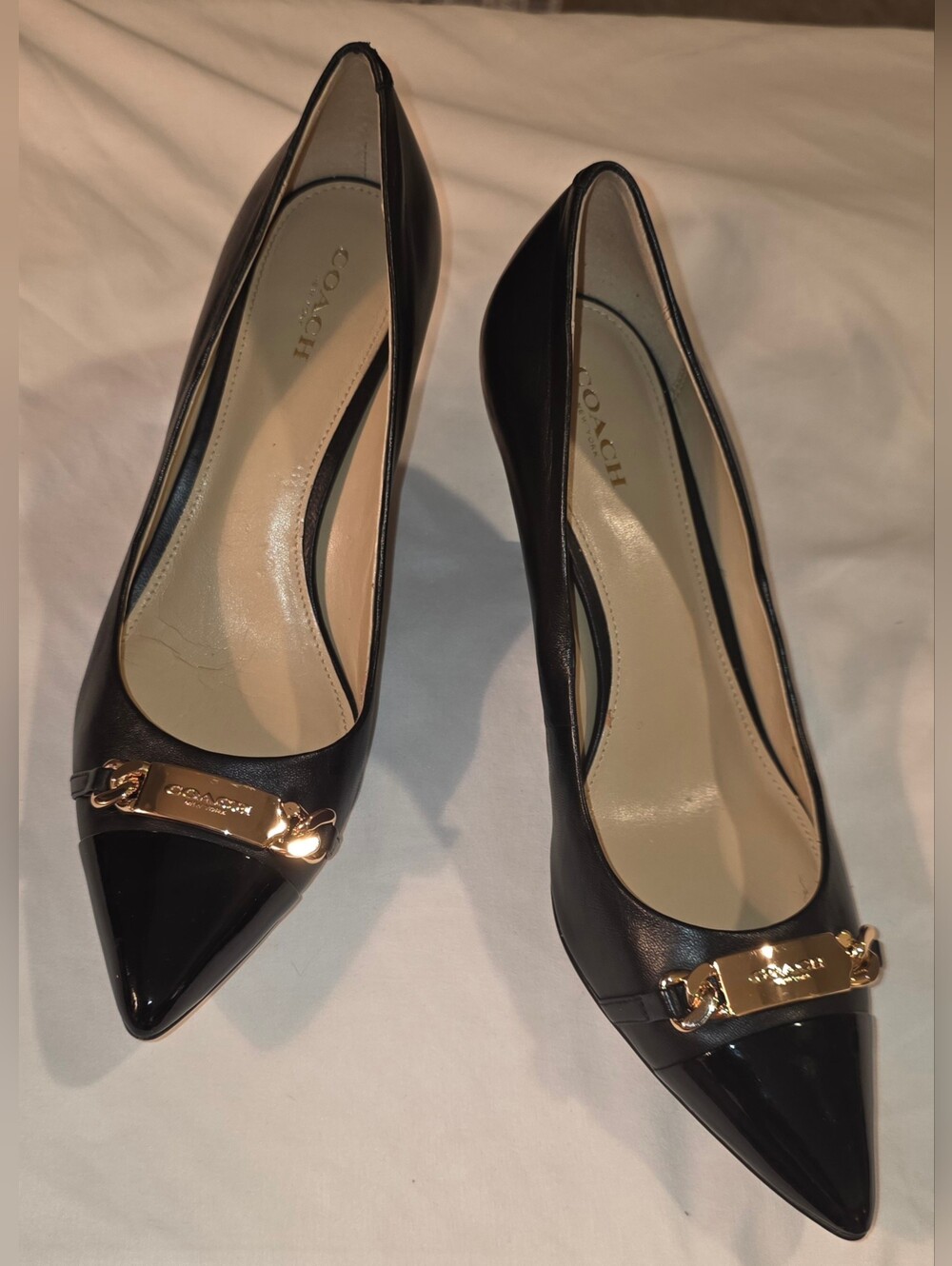 Coach Bowery Smooth & Patent Leather Pointed Toe Kitten Heels with Gold Chain